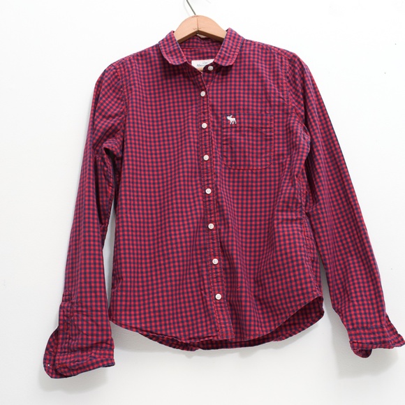 Abercrombie Fitch Women's Long Sleeve Red Navy Gingham Medium - Picture 4 of 10